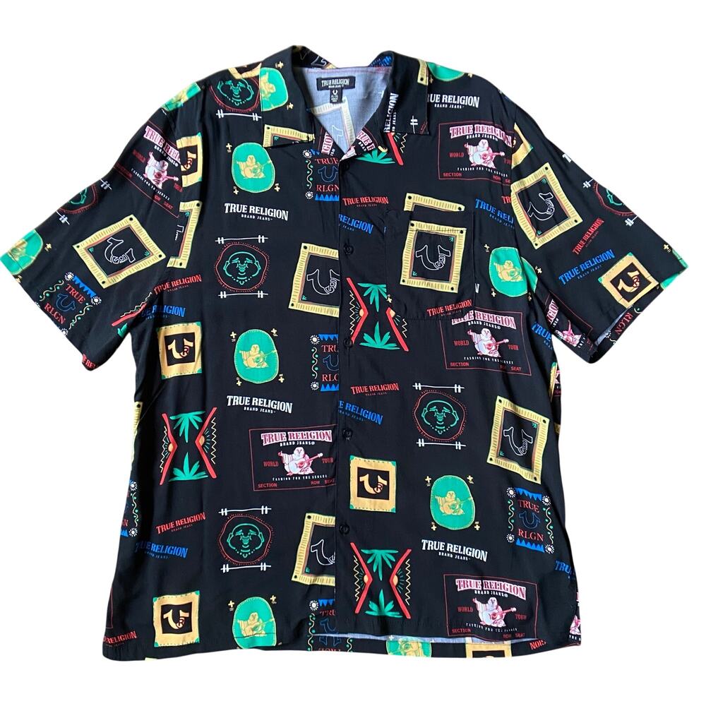 True Religion Resort Print Camp Collar Button Up Shirt Black